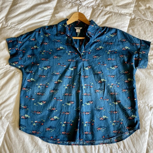 Duluth Trading Co Womens L Lightweight Printmaker Popover Blue Camper RV Organic - Picture 2 of 14